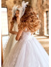 Beaded White Lace Tulle V Back Romantic Flower Girl Dress